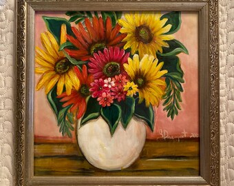 Sunflower painting framed, original artwork, flower painting, garden flowers, sunflower decor. Country decor, country chic, cottage core