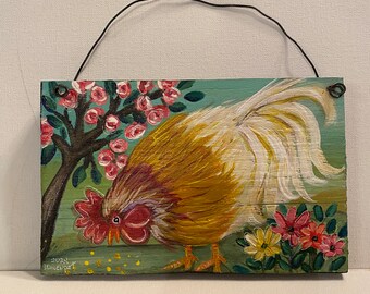 Folk Art Rooster Painting: Reclaimed Barn Wood Country Decor