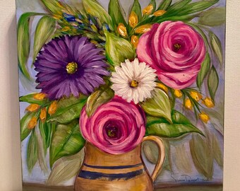 Original Floral Painting: Acrylic Roses in Yelloware Pitcher