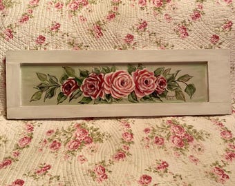 Shabby Chic Rose Painting on Vintage Wood Shutter, Cottage Decor