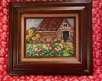Framed Rooster Painting: Original Acrylic Hen House Art