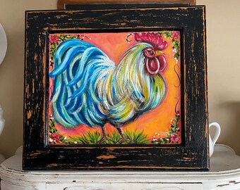 Folk art rooster painting, rustic rooster, country decor, rooster decor, folk art, primitive , original painting, art, whimsical rooster