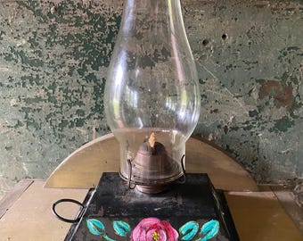 Vintage Folk Art Oil Lamp: Hand-Painted Roses, Chippy Black Tin