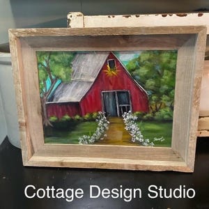 Original Red Barn Painting: Rustic Barnwood Frame, Country Landscape