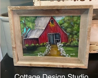 Original Red Barn Painting: Rustic Barn-wood Frame, Country Landscape, country decor, farm decor