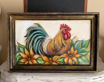 Cuadro enmarcado de gallo y flores, decoración campestre, arte de gallos, decoración de granja, estilo campestre chic, decoración de cocina, estilo cottage core, decoración de gallinas