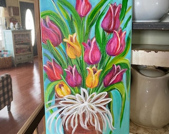 Original Tulip Painting on Canvas: Bright Spring Decor
