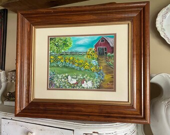 Original Rooster Painting: Framed Country Landscape Art