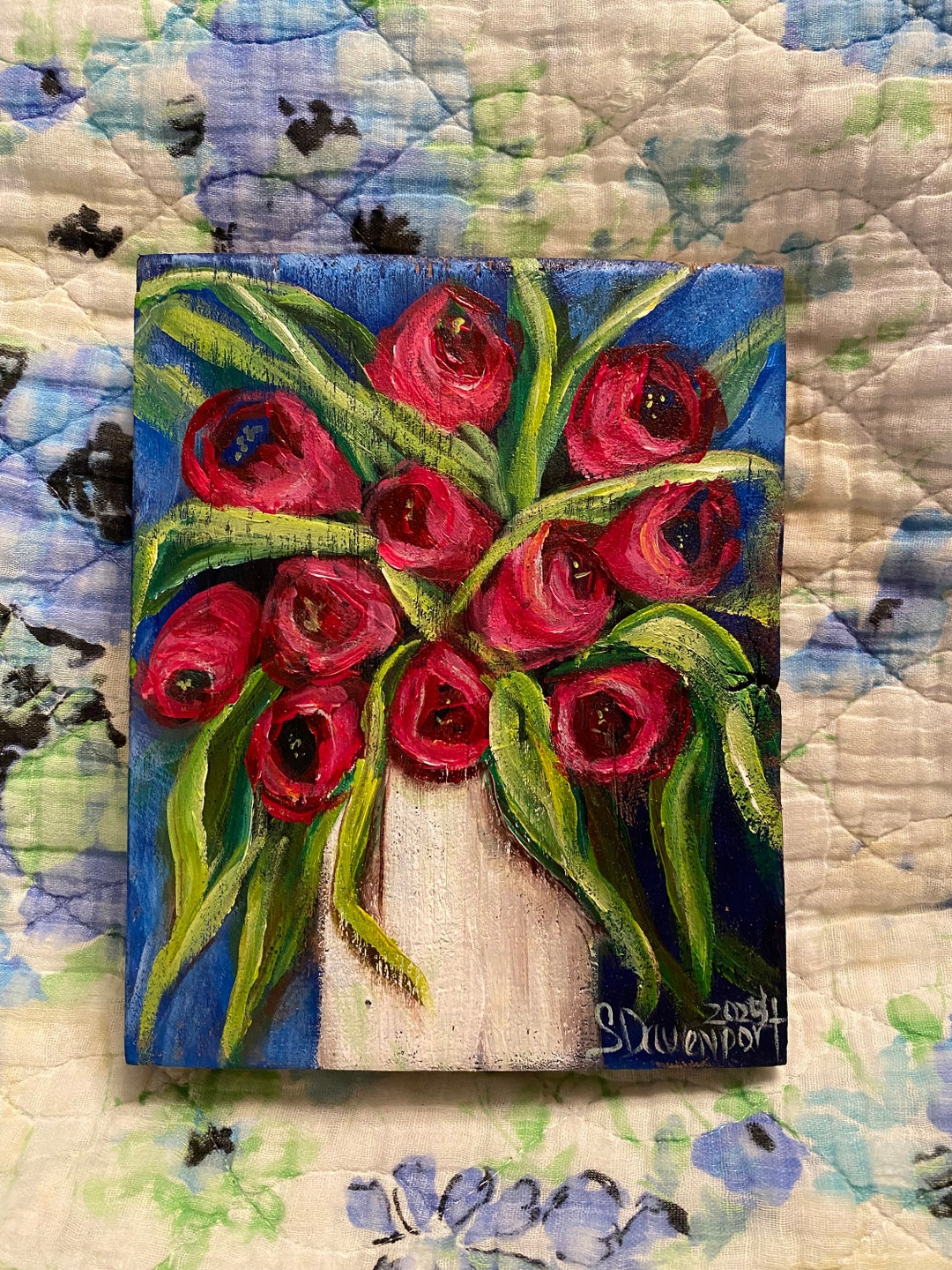 Tulip Painting on Barn Wood, Red Flower Decor, Tulip Decor, Flower Painting, Country Wall Decor