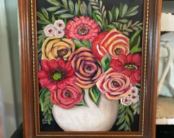 Original Flower Painting: Colorful Bouquet, Vintage Wood Frame