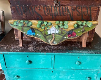 Hand painted saltbox scene on wood wall shelf, primitive decor, church decor, saltbox houses decor, country decor, farmhouse decor, prim art