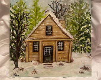 Winter Cabin Painting on Wood, Snow Landscape Decor