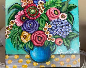 Bright flower painting on wood canvas art, flower artwork,whimsical decor, colorful art, flower painting, chic decor, country chic, wall art