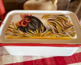 Vintage Enamelware Refrigerator Dish: Hand-Painted Rooster Decor