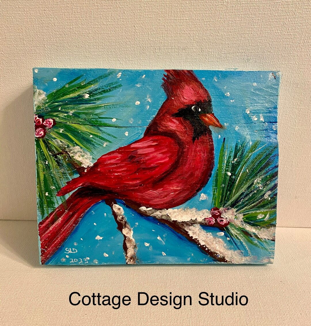 Small Redbird Painting Redbird Art Red Bird Bird Decor Bird Etsy