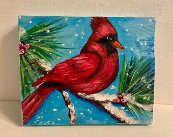 Small redbird painting, redbird art  red bird, bird decor bird painting, bird art, Redbirds, wildlife art, wall decor, Christmas gift, birds