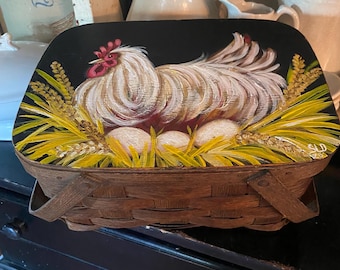 Vintage Hand Painted Picnic Basket: Hen & Rooster Country Decor