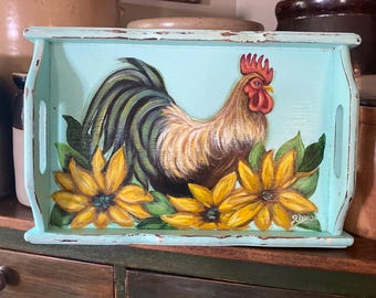 Cuadro de gallo y girasol, decoración de gallo, decoración de girasol, decoración rústica, decoración de granja, arte original, estilo campestre chic, decoración de gallinas