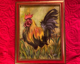 Original Rooster Acrylic Painting, Vintage Gold Frame, Country Decor