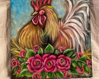 Rooster and roses painting on canvas wall decor, rooster painting, country decor, roses decor, folk art