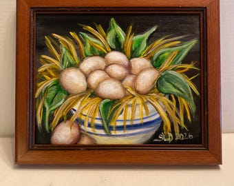 Bol de cerámica con pintura de huevos, decoración de cocina rústica, bol de cerámica vintage, decoración de casa de campo, decoración de huevos rústicos, arte original, estilo campestre chic