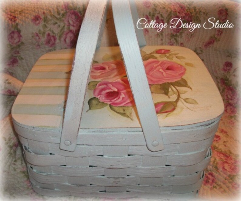 Shabby pink roses vintage picnic basket family picnic basket Etsy