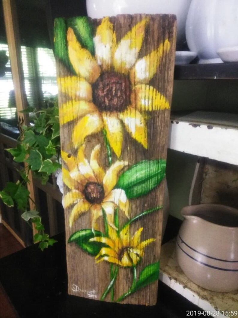 Sunflower painting on barn wood sunflower wall decor | Etsy
