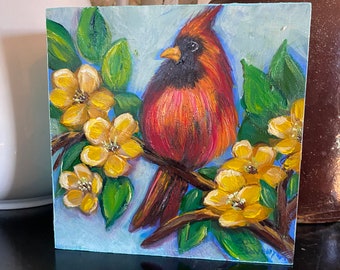 Redbird painting, redbird decor, cardinals, bird painting, flower painting, wildlife art, birds, Redbirds, wall decor, art, original art,