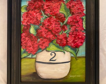 Framed Geranium Painting: Folk Art Red Flower in Crock, antique crock, red flower, Red decor, country decor