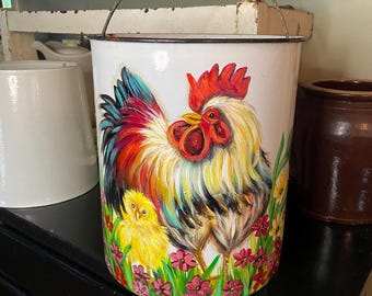 Hand Painted Rooster Bucket: Vintage Enamelware Pail, Whimsical Farmhouse Decor