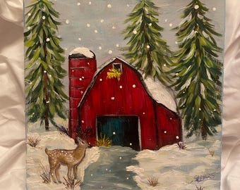 Red Barn and Deer Painting on Birch Wood, Winter Landscape Art