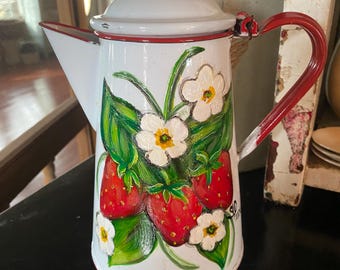 Vintage enamelware coffee boiler with handnpai Ted strawberries, strawberry decor, country kitchen decor, fruit decor, strawberry art