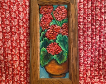 Geranium flower painting, original art, flower wall decor, red decor, country chic, cottage core, garden flower art, red flower, porch decor