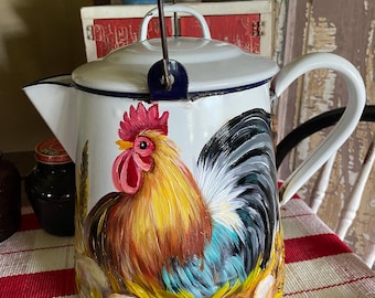 Vintage Enamelware Coffee Boiler: Hand-Painted Rooster Decor