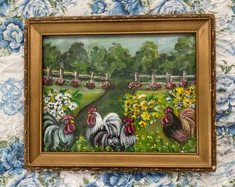 Country rooster landscape painting in vintage frame, rooster art, farm decor, rooster painting, country rooster kitchen, original artwork