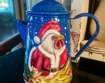 Vintage enamelware coffee boiler with Christmas rooster,Santa decor, Christmas kitchen decor, holiday decor, Christmas decor, rooster decor,