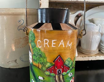 Country kitchen decor hand painted cream can, vintage cream can, rooster decor, cow decor.  Arm decor, primitive decor, saltbox house decor
