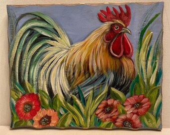 Rooster Painting on Reclaimed Wood: Country Farm Decor