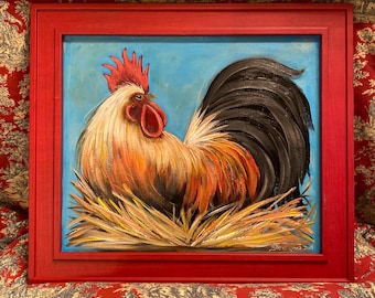 Rooster Original Painting: Farmhouse Decor in Red Frame