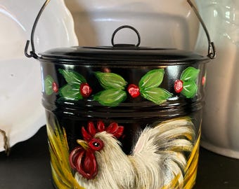 Vintage lunch pail with hand painted rooster, folk art decor, folk art rooster, country decor, farmhouse decor, kitchen decor, country chic