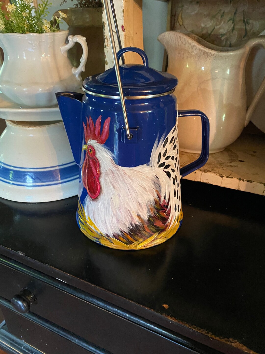 Vintage Enamelware Coffee Boiler With Rooster Hen on a Nest Etsy