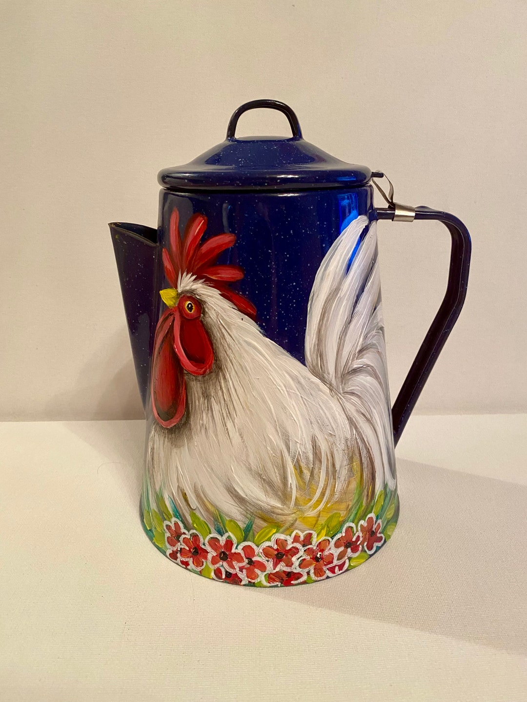 Vintage Enamelware Coffee Boiler With Hand Painted Rooster, Rooster