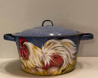 Vintage Hand-Painted Enamelware Pot, Hen on Nest Decor
