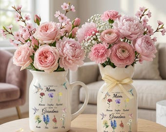 Personalized First Mom Now Grandma Vase, Custom Birth Month Flower with Grandkids Names, Grandma Garden Gift, Mother’s Day Gift for Grandma