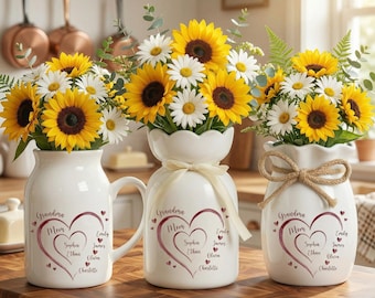 Personalized Heart Flower Vase for Mom & Grandma – Custom Family Name Floral Jug, Generations Gift from Kids, Mum Nana Keepsake Home Decor