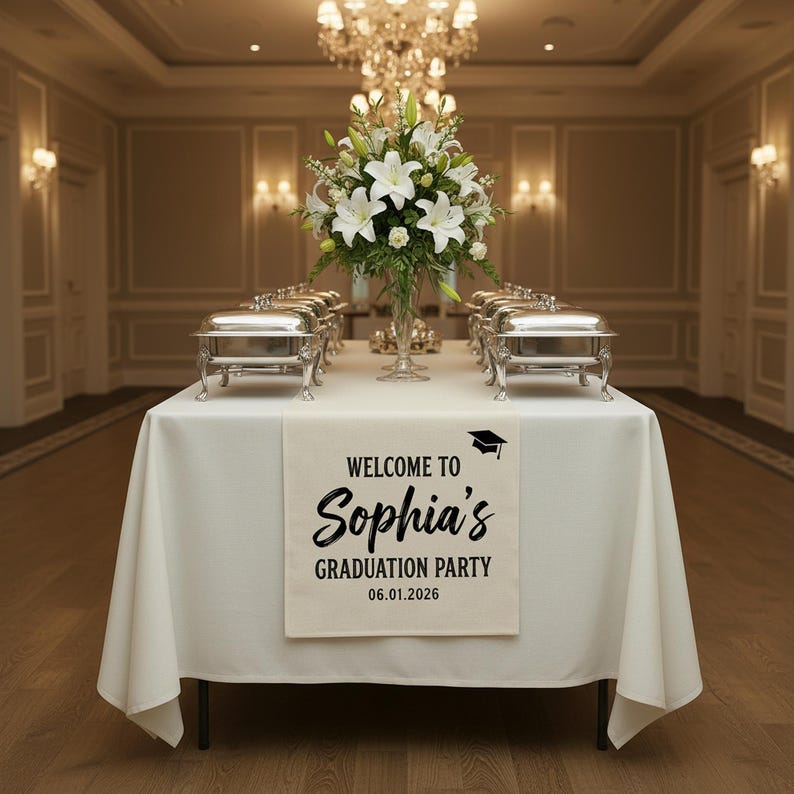Personalized Graduation Table Runner, Custom Name Sign Cotton Linen ...