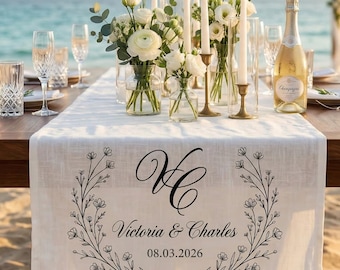 Personalized Wedding Table Runner, Custom Linen Banner, Last Name Sign, Sweetheart Table Decor, Wedding Reception, Bridal Shower Gift Idea