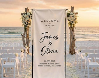 Custom Fabric Wedding Welcome Sign With Stand, Boho Linen Wedding Decor, Personalized Event Sign, Rustic Ceremony Banner, Wedding Decor.