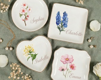 Personalized Birth Flower Jewelry Dish – Custom Watercolor Floral Trinket Tray, Bridesmaid Gift, Birthday, Mother’s Day Ceramic Ring Holder
