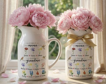 Custom First Mom Now Grandma Ceramic Flower Vase, Personalized Birth Month Flower Vase, Grandma’s Garden Gift, Mother’s Day or Birthday Gift